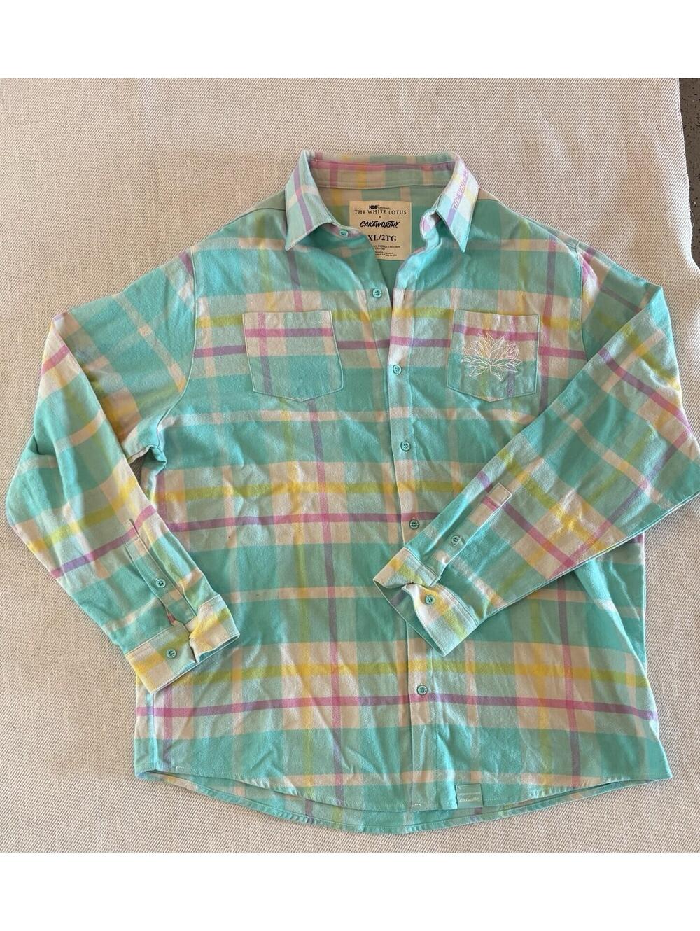 White Lotus Cakeworthy Flannel Shirt Teal Pink Plaid Balloon 2XL Unisex